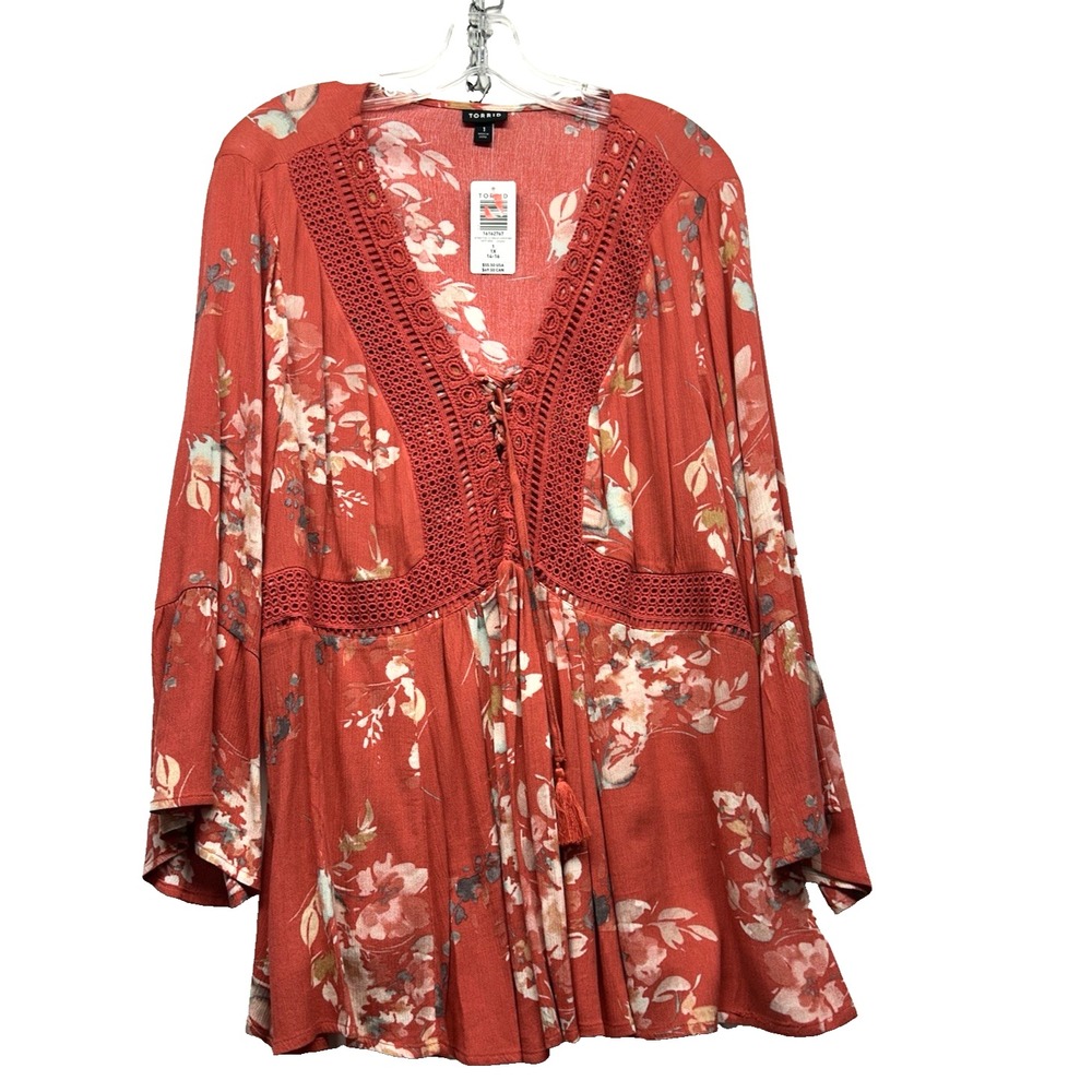 Torrid Lace Up Floral Pink Crinkle Babydoll Gauze Crochet Top Blouse Size 1X(UB)